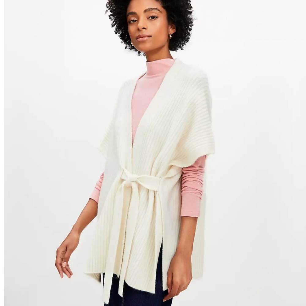 LOFT Ivory Ribbed Side Tie Wrap Poncho Sweater Size M/L